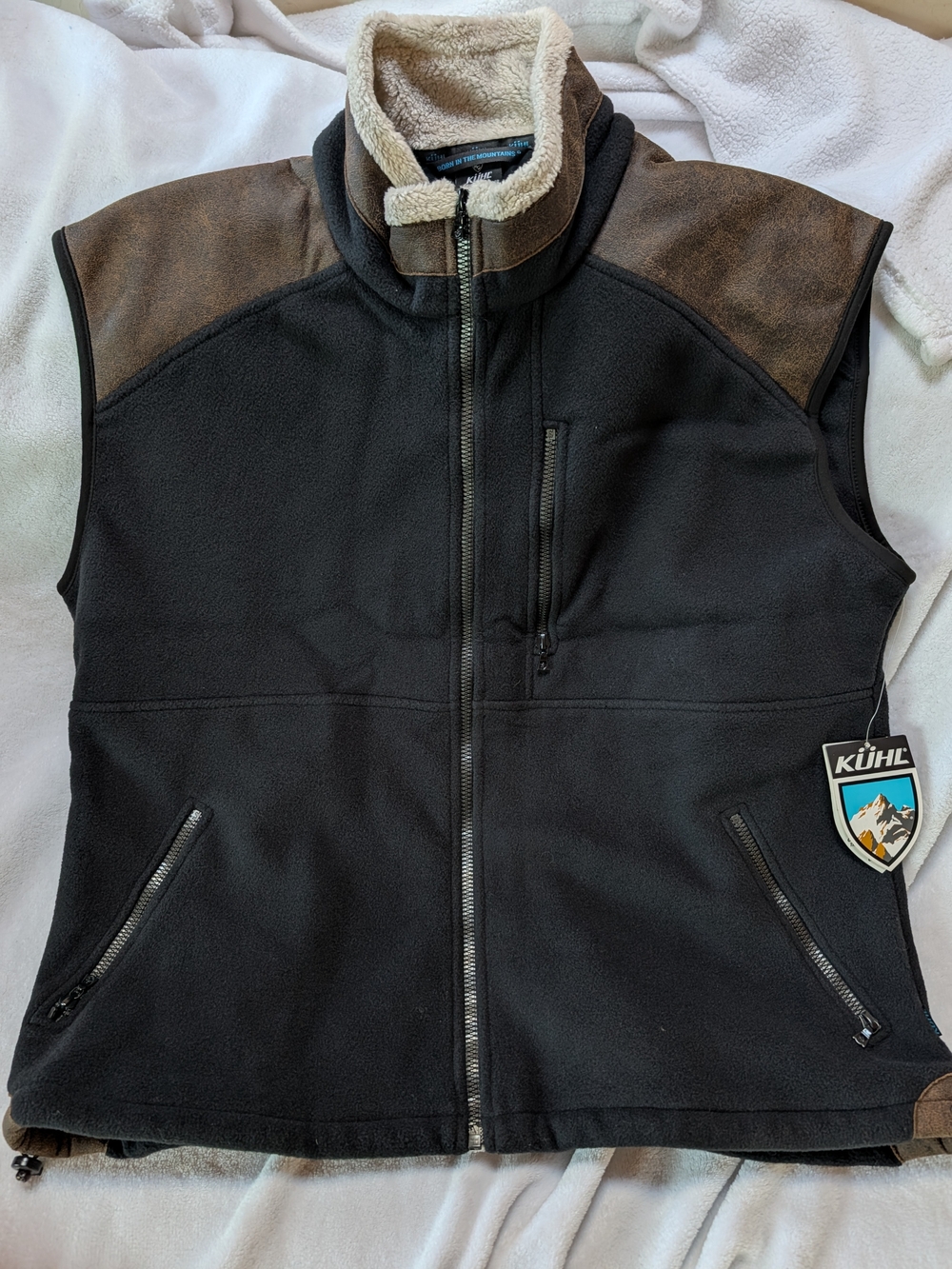 Kuhl Black Fleece Alpenwurx Vest with Brown Shoulder Accents